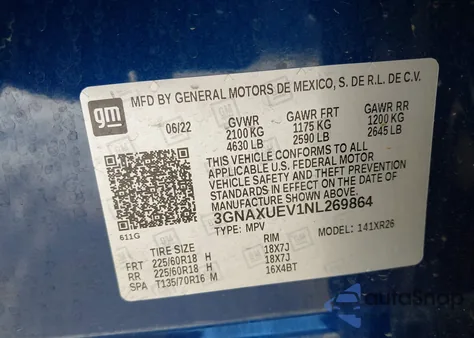 2022 Chevrolet Equinox Awd Lt z USA, uszkodzony, nr VIN 3GNAXUEV1NL269864